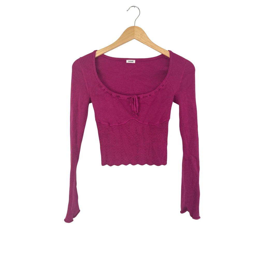 Garage Ribbed Crop Tie Front Sweater Magenta Haze Babydoll Scoop Neck P Small